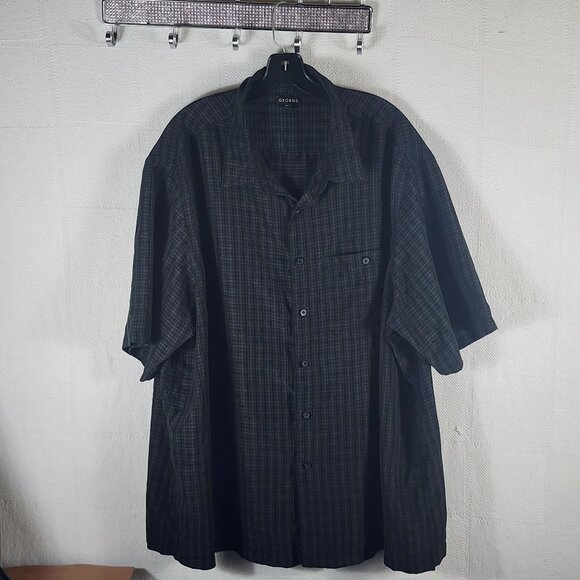 George Black Grey Check Poly SS Button Chest Pocket Button Up Shirt Sz 3XL 54-56 - Picture 1 of 16